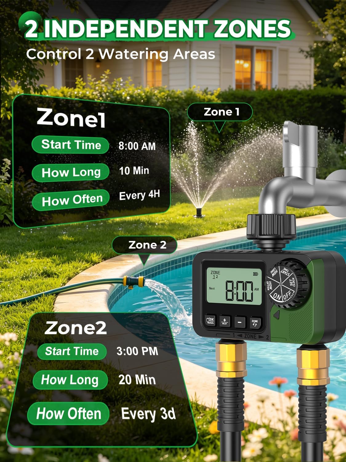 Sprinkler Timer 2 Outlets, Programmable Water Hose Timer with Rain Delay/Manual/Automatic Watering System, Outdoor