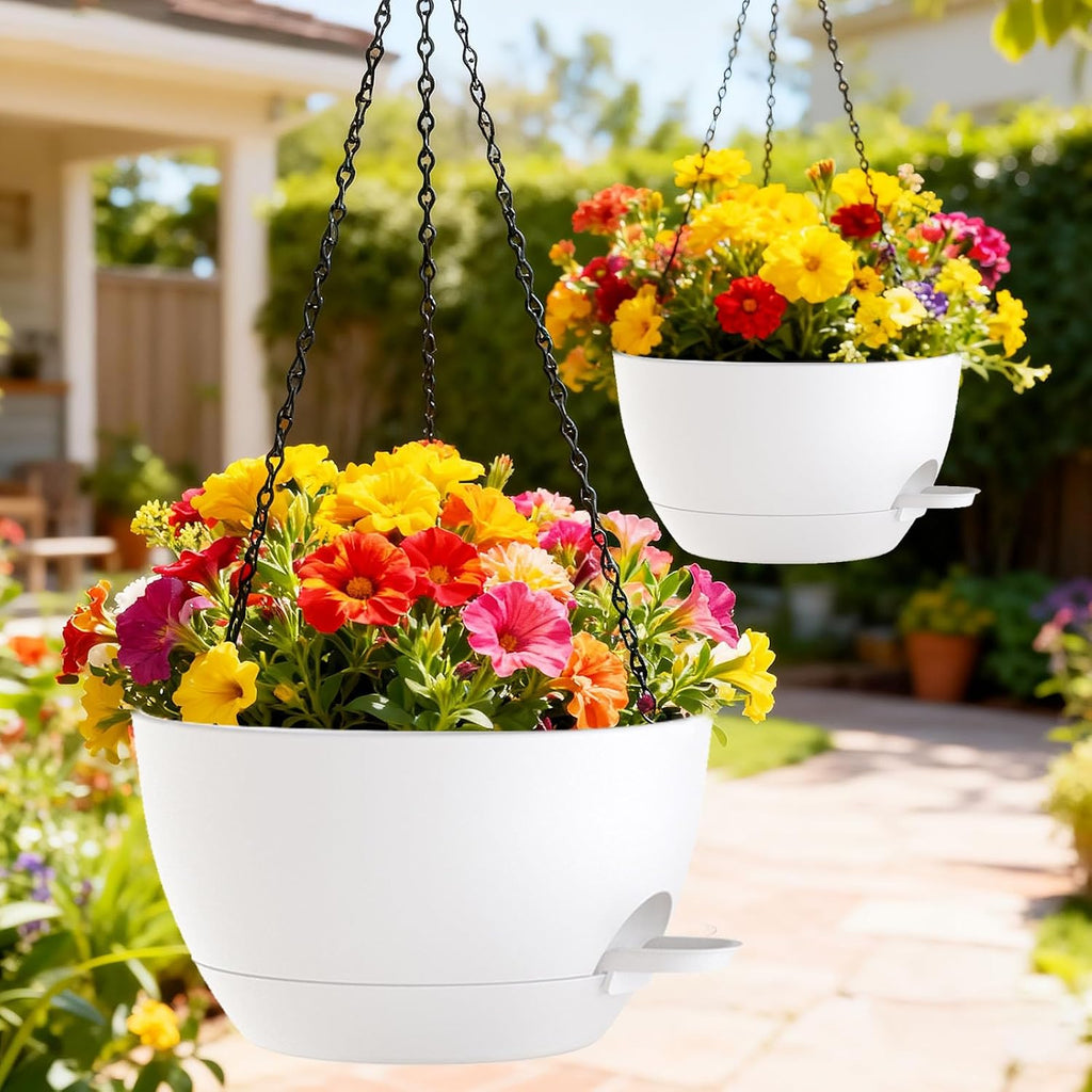 12 Inch Hanging Baskets 2 PC with Chains, Self-Watering Hanging Planters for Indoor Outdoor Plants, Plastic Hanging