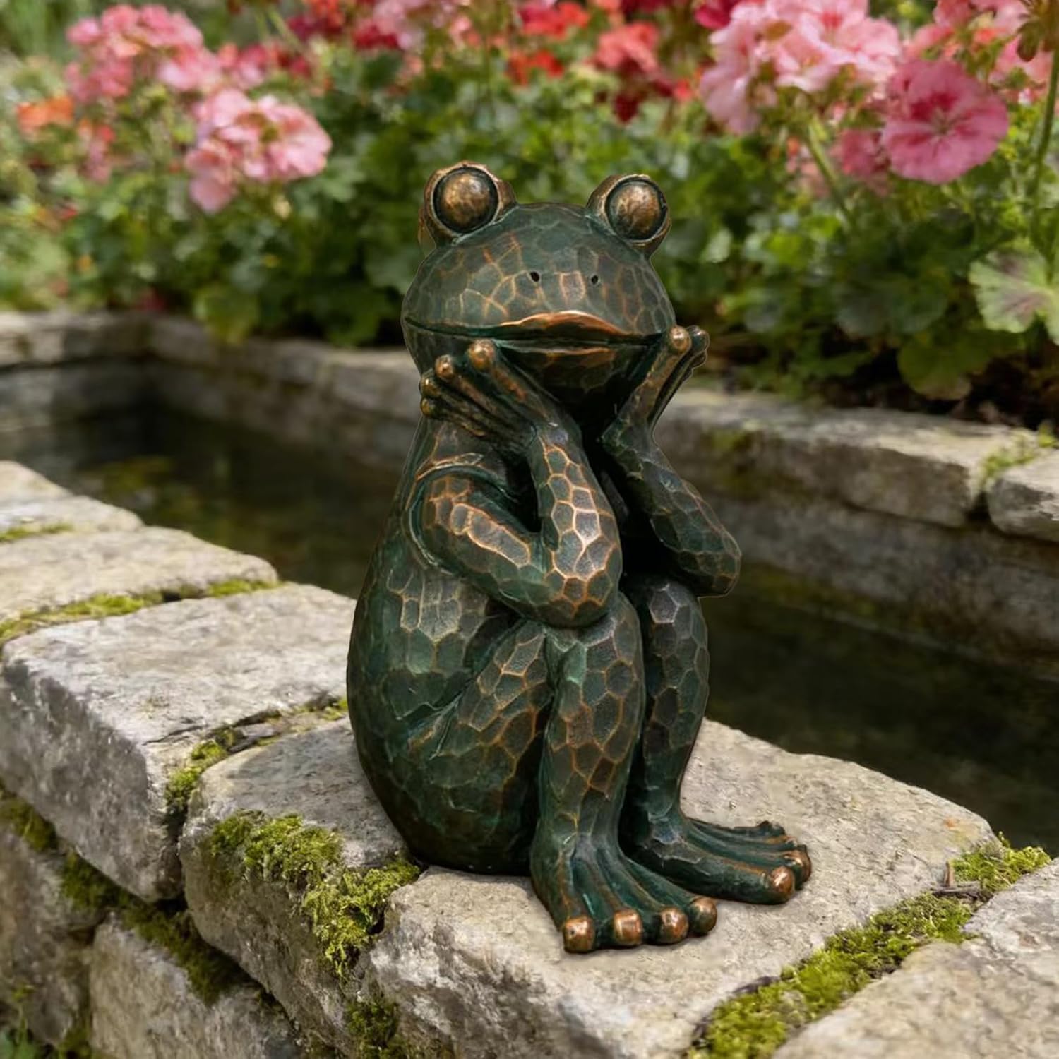 10" H Meditation Frog Lawn & Garden Statue, Verdigris Green | Handcrafted hand-painted details Weatherproof resin