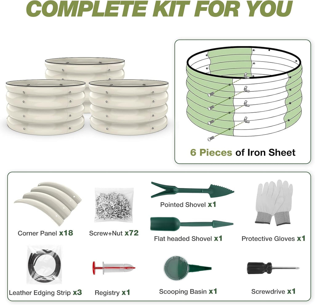 SHALL 3PCs Galvanized Raised Garden Bed Kit, 2x2x1ft Round Planter Boxes Outdoor W/Mini Seed Spreader, Disk Seeder, 2X
