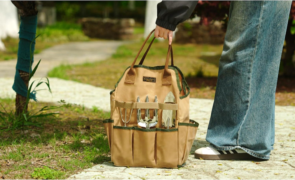 Canvas Tool Bag, 16OZ Waxed Canvas Garden Tool Tote - with 3 Inner Slots & 8 Outer Pockets & Portable Handle, Gardening