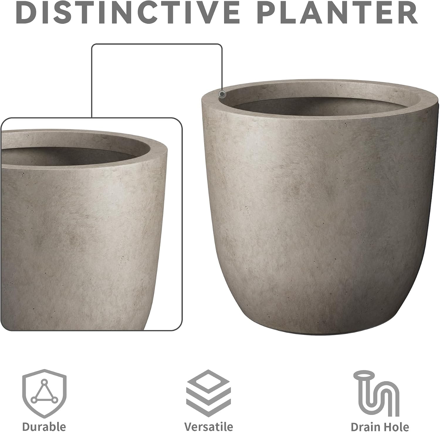 Kante Small Round Curved Weathered Concrete Planter 13.3" Dia, Outdoor | Rubber Plug for Indoor, Drainage for Garden