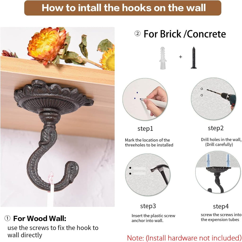 Sungmor Heavy Duty Cast Iron Ceiling Hooks - 2PC Black, 3.5x3.9Inch Decorative Plant Hangers, Indoor Outdoor Swag Hooks
