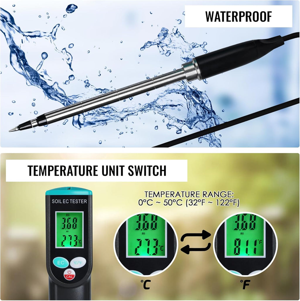Soil EC & Temperature Meter, 2-in-1 Waterproof Digital Soil Tester with ATC, High Accuracy EC Sensor for Soil