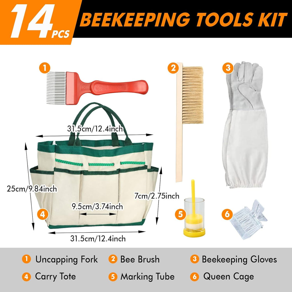 BeeCastle 14 Pcs Beekeeping Tools Starter Kit, Bee Keeping Supplies-All Bee Hive Tools Kit with Organizer Tote and