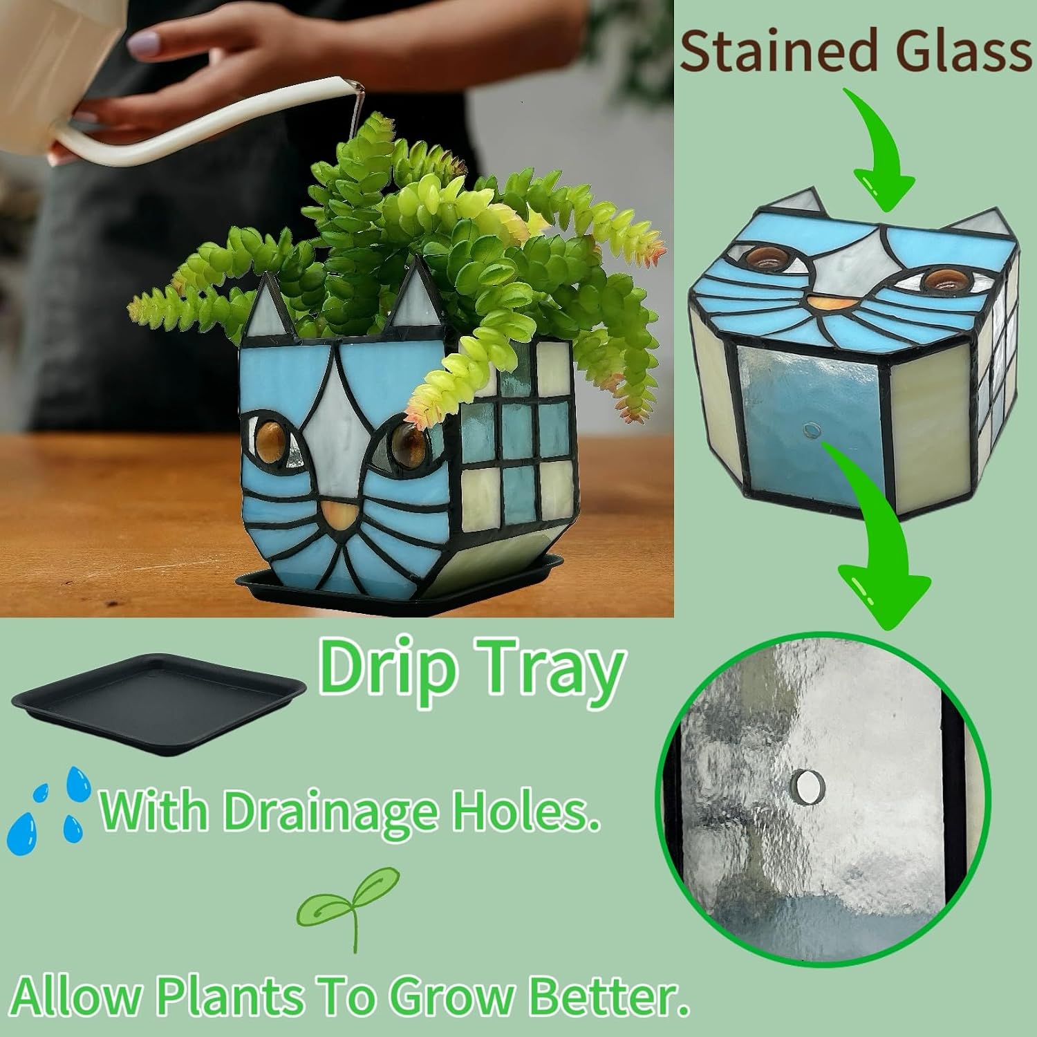 Stained Glass Blue Cat Planter,Plant pots with Drainage Holes, Plant Flower Pot for Houseplants and Succulents,Cute
