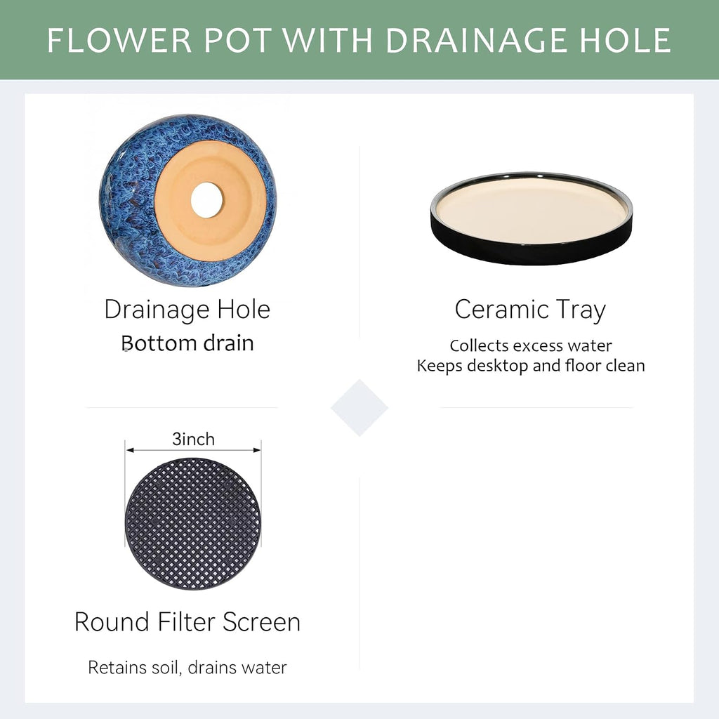 10.3 Inch Ceramic Glaze Plant Pot with Saucer, Flower Pots with Drainage Hole Mesh Net (Blue)