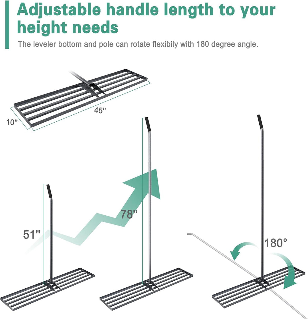 Lawn Leveling Rake 45"x10", Heavy Duty Rakes for Lawns with Anti-Rust Coating & Adjustable Handle, Effort-Saving Lawn