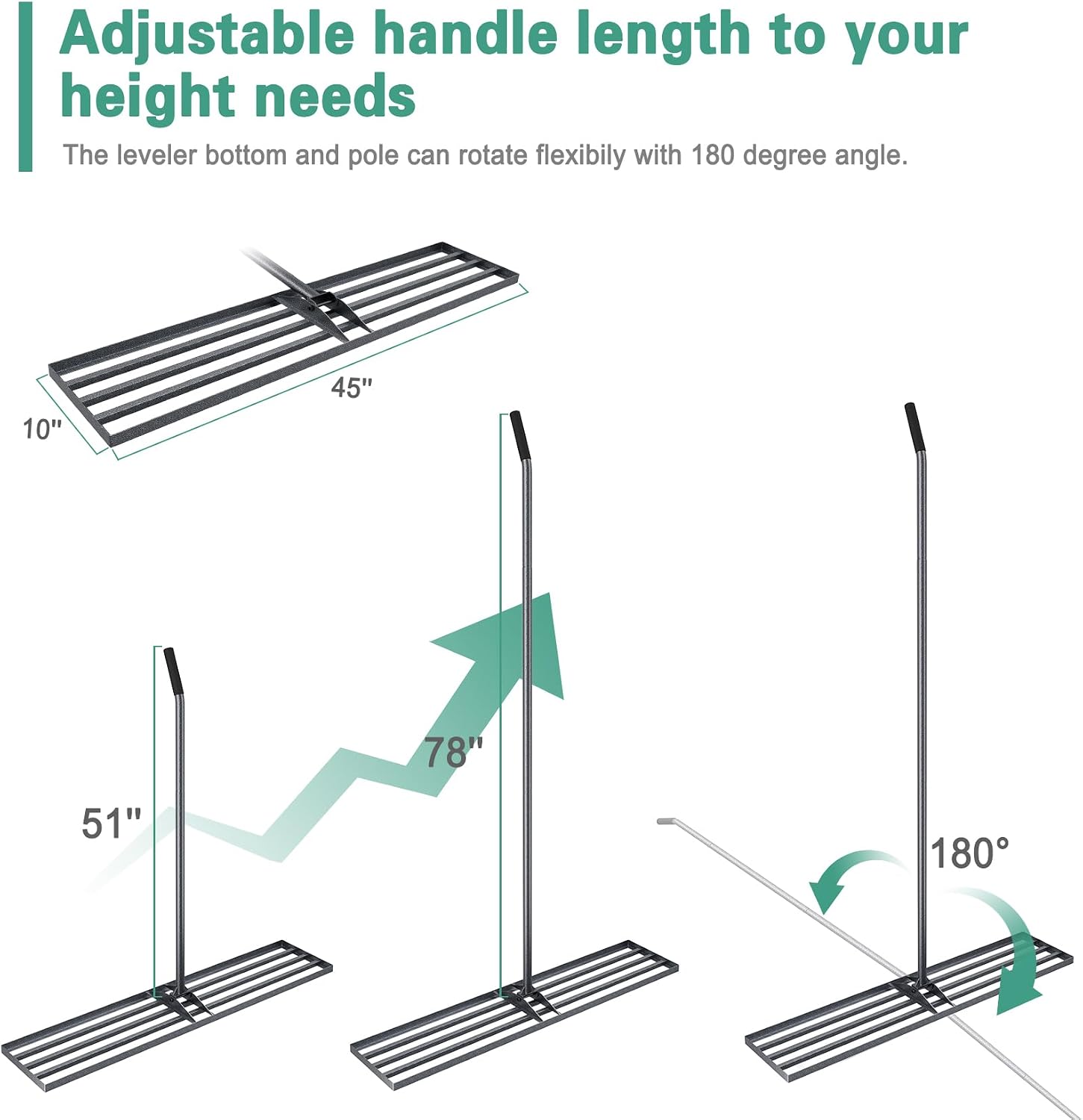 Lawn Leveling Rake 45"x10", Heavy Duty Rakes for Lawns with Anti-Rust Coating & Adjustable Handle, Effort-Saving Lawn