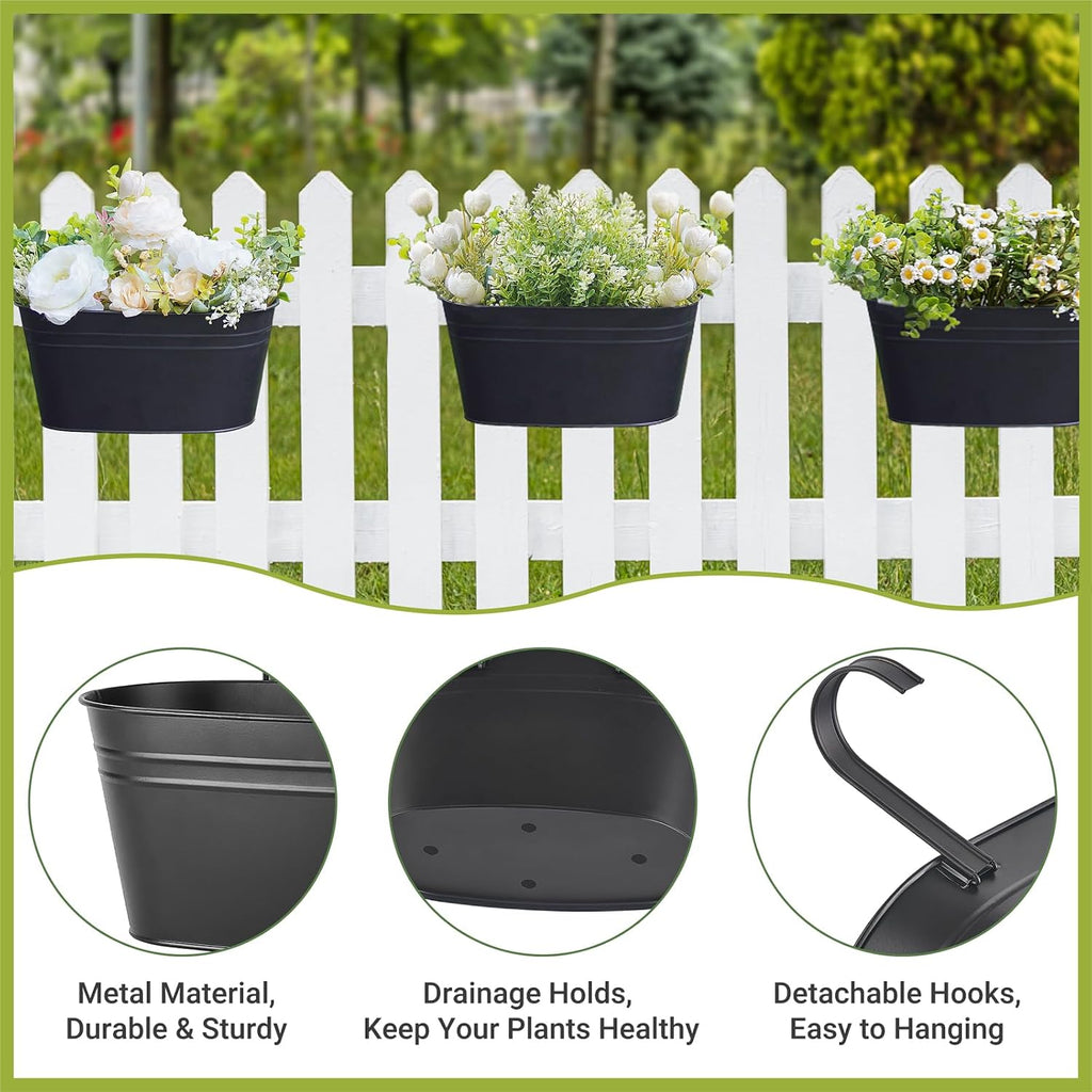 Dahey 10.5 Inch Metal Hanging Flower Pots 4 Pcs Outdoor Railing Planter Box | Drainage Holes, 2.7”Width Iron Detachable