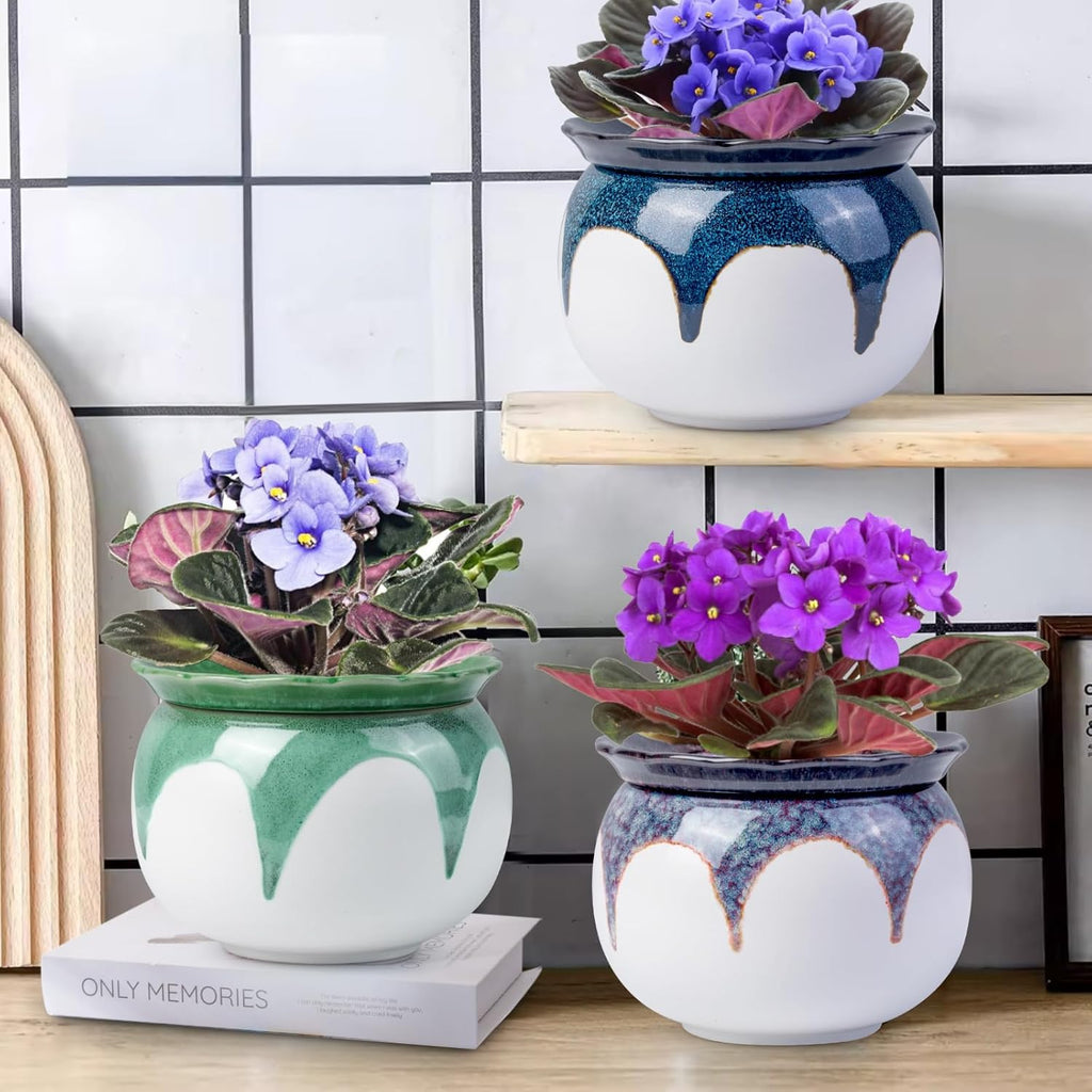 BUYMAX Self Watering Ceramic African Violet Pot Keep The Soil Moist | Reactive Glaze Color Variations | Scalloped Rim