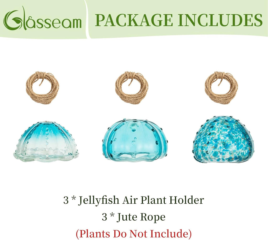 Glasseam Glass Jellyfish Decor, 3 Pcs Hanging Air Plant Holders with Jute | Tillandsia Houseplants Display, Ocean Blue