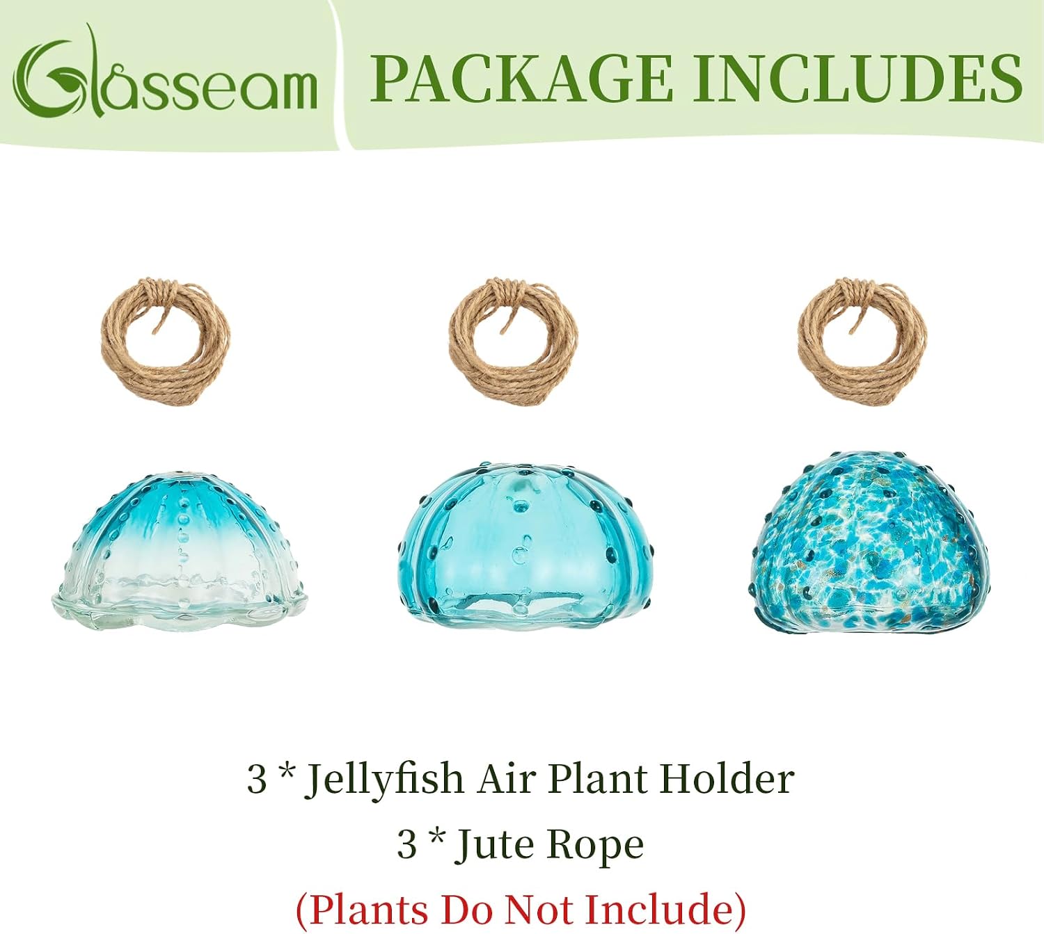 Glasseam Glass Jellyfish Decor, 3 Pcs Hanging Air Plant Holders with Jute | Tillandsia Houseplants Display, Ocean Blue