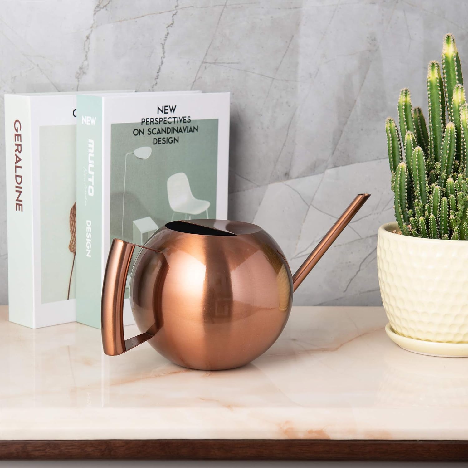 IMEEA 45oz/1.3Liter Metal Watering Cans for Indoor Plants Stainless Steel for Office Fish Bowl Shape (Copper Color)