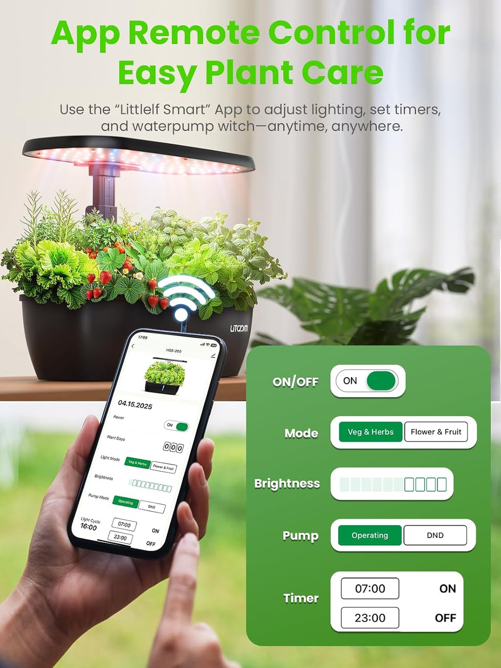 litokam Hydroponics Growing System Kit, 15-Pod Indoor Herb Garden Planter with 24W Grow Light & APP Control, Indoor