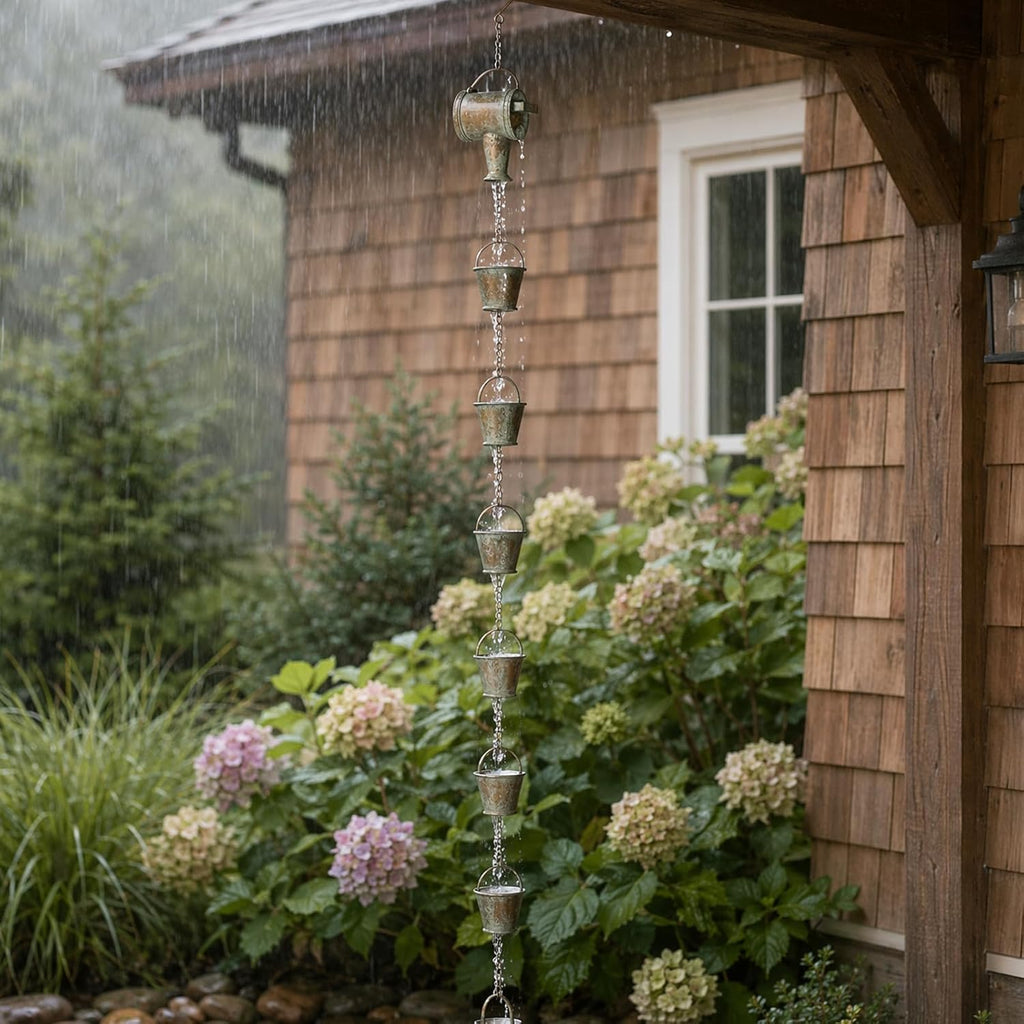 Jemeni 8.5Ft Decorative Rain Chain with Watering Can & Buckets | Copper Rain Chains for Gutters, Decorative Rainwater