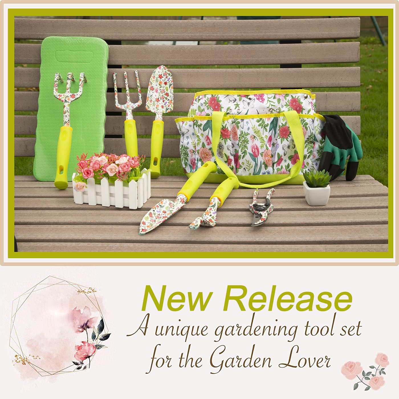 Garden Tool Set 9 Piece Heavy Duty Aluminum Gardening Hand Tools Kit Cute Gardening Supplies with Non-Slip Rubber Grip