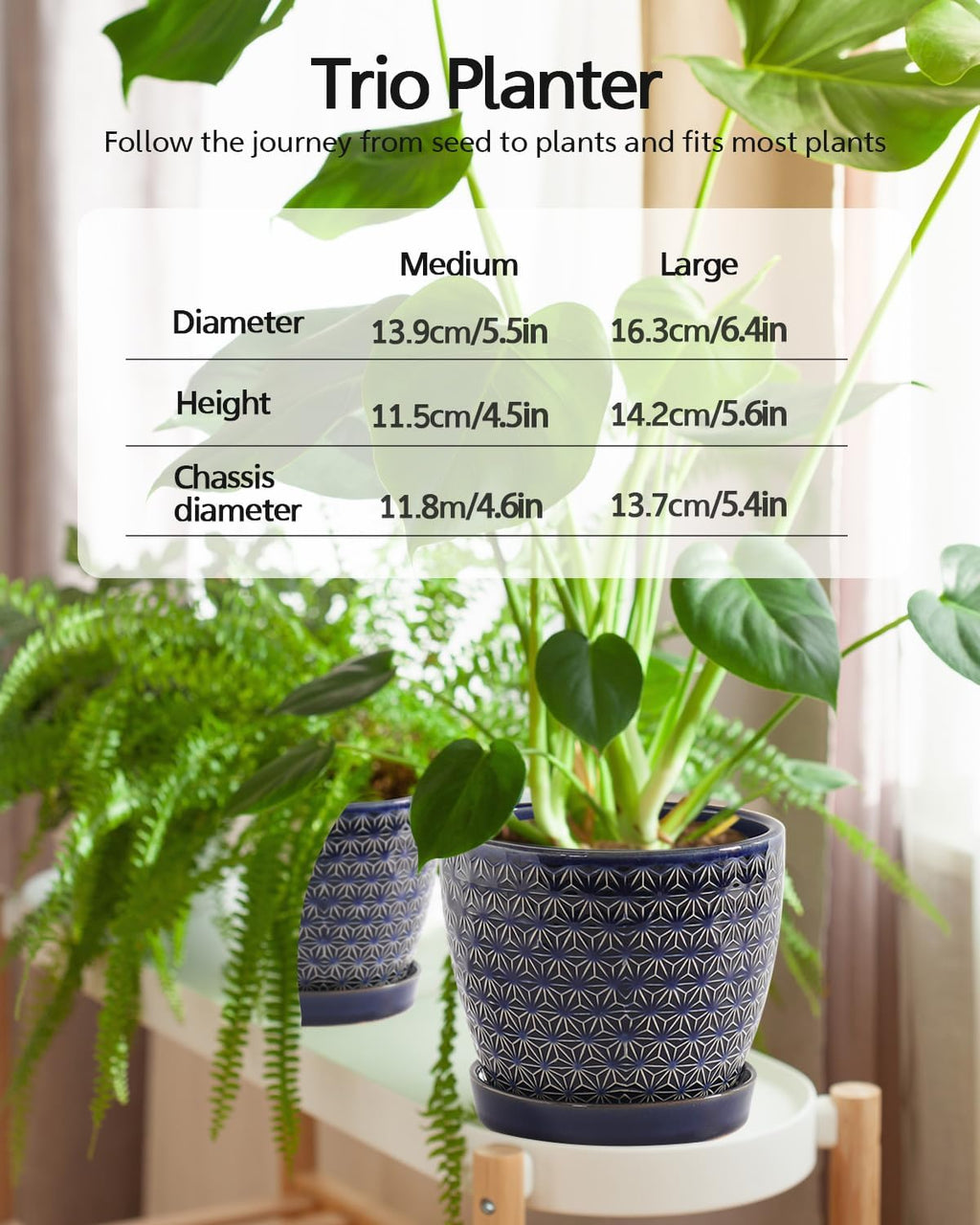 Plant Pots, Planters for Indoor Plants, Ceramic Plant Pots, 6.5+5.5 inch Plant Pot with Drainage and Saucer, Pots for