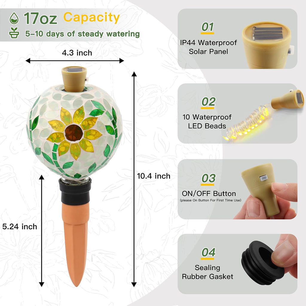 VOREEN Mosaic Plant Watering Globe with Terracotta Spike,Self-Watering Irrigation for Potted Plants,Sunflower-Inspired