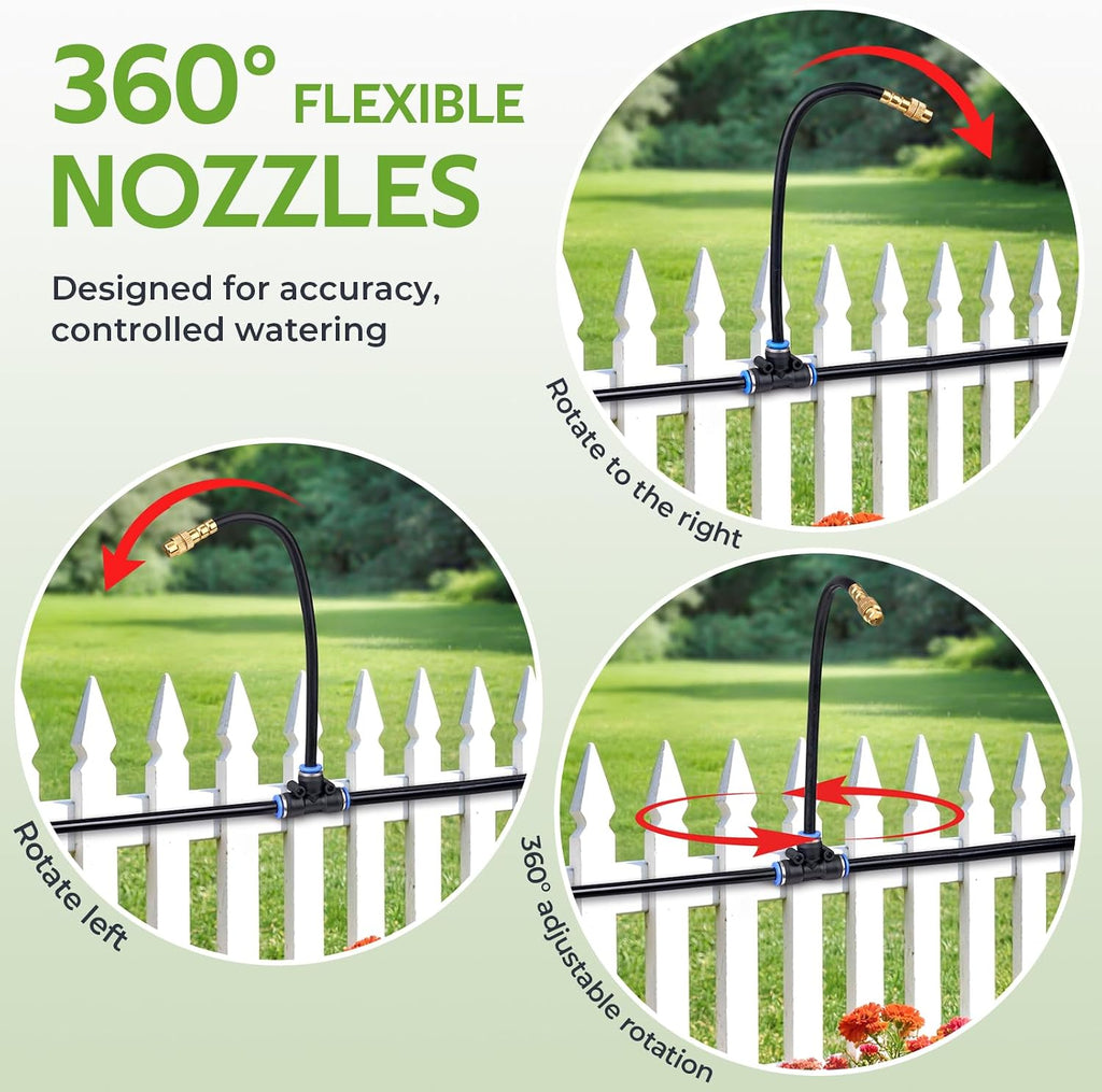 HIRALIY 100FT Misting Irrigation Kit | Quick-connect watering system with 16 adjustable 360° mist nozzles for raised