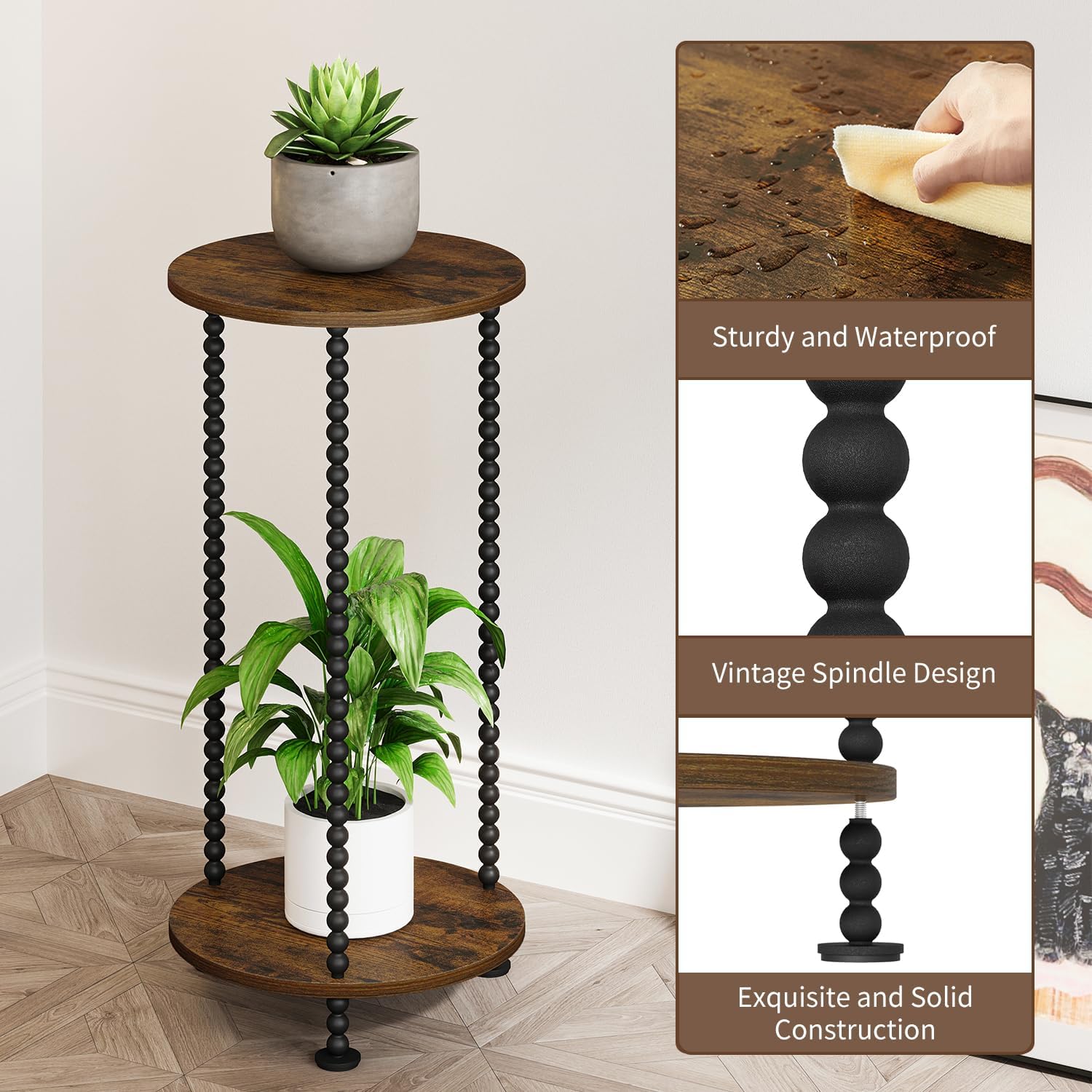 YINMIT Plant Stand Indoor, 2 Tier Small Plant Stand, Plant Stands with Metal Spindle Poles, Corner Flower Pot Stand