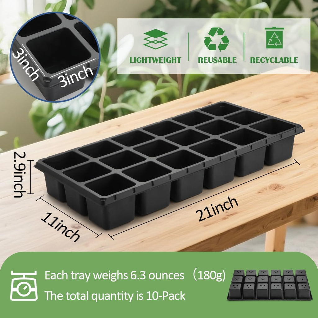 RooTrimmer 10 Pack 18 Cell Seed Starter Trays - 2.9 "Deep 3 Inch Big Cell Plastic Nursery Trays, 20" x 10", for 1020