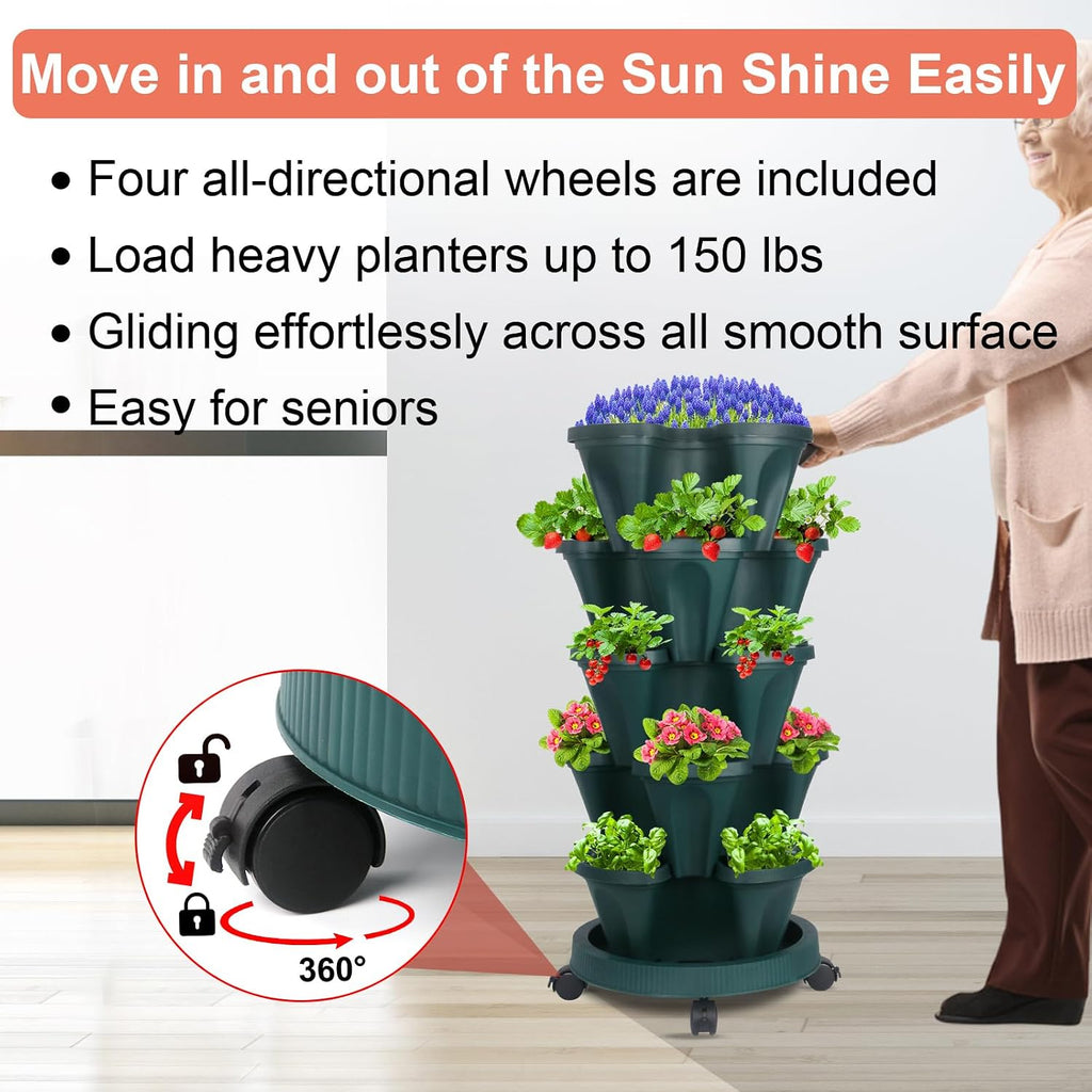 DUNCHATY Stackable Vertical Garden Planter with Wheels, 5 Tier Herb Planter Pots for Growing Vegetables and Succulents