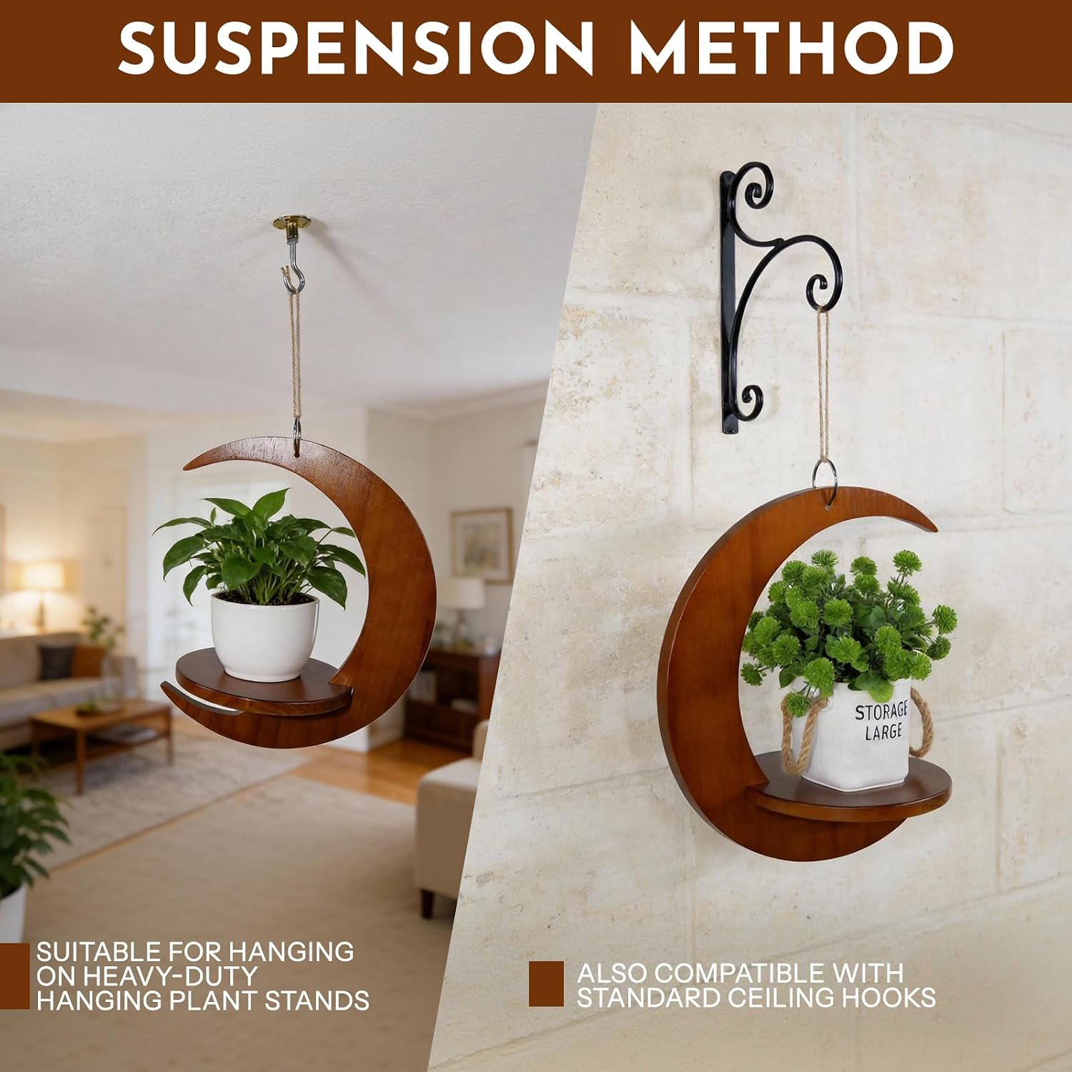Moon - Shaped Wooden Hanging Plant Stand, Nordic Modern Window Plant Shelf | Space-Saving Indoor Flower Holder for