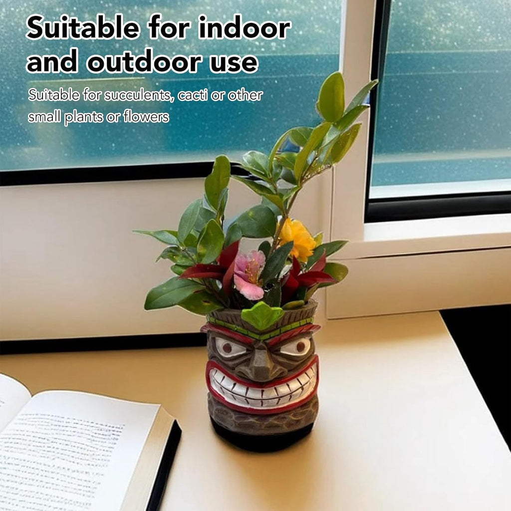Funny Tiki Head Indoor Small Planter Pot, Totem Sculpture Planter Pot, Novelty Face Flowerpot with Hole, Resin UV Proof
