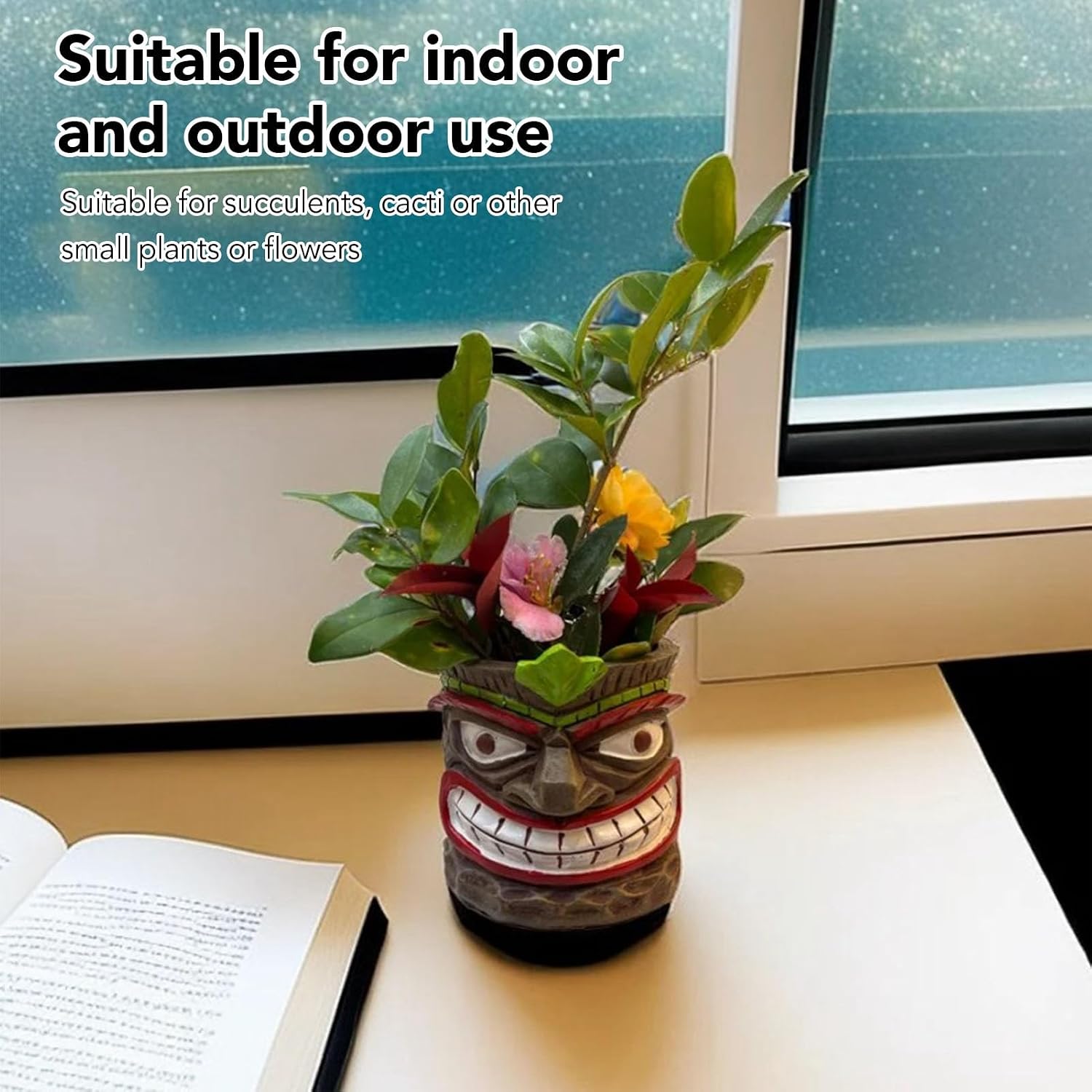 Funny Tiki Head Indoor Small Planter Pot, Totem Sculpture Planter Pot, Novelty Face Flowerpot with Hole, Resin UV Proof