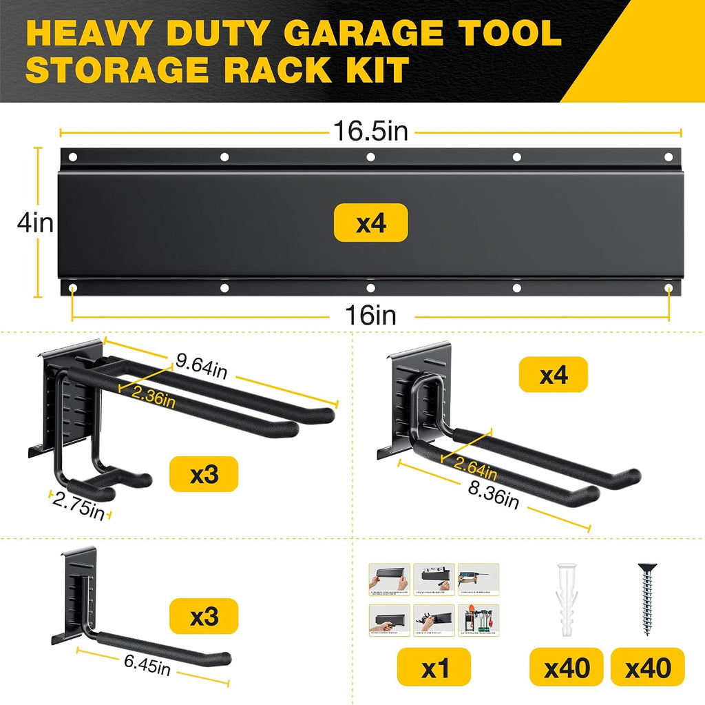 Garage Tool Organizer Wall Mount with 64 inches Rails and 10 Adjustable Heavy-Duty Hooks, Garden Tool Organizer, 14