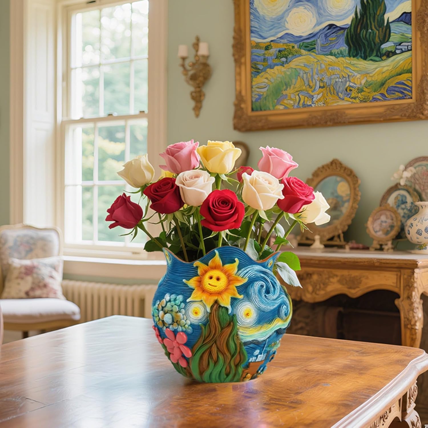 Starry Night Theme Flower Pots Colorful Art Planter Pots for Indoor Plant Cute Unique Resin Flower Pot with Drainage