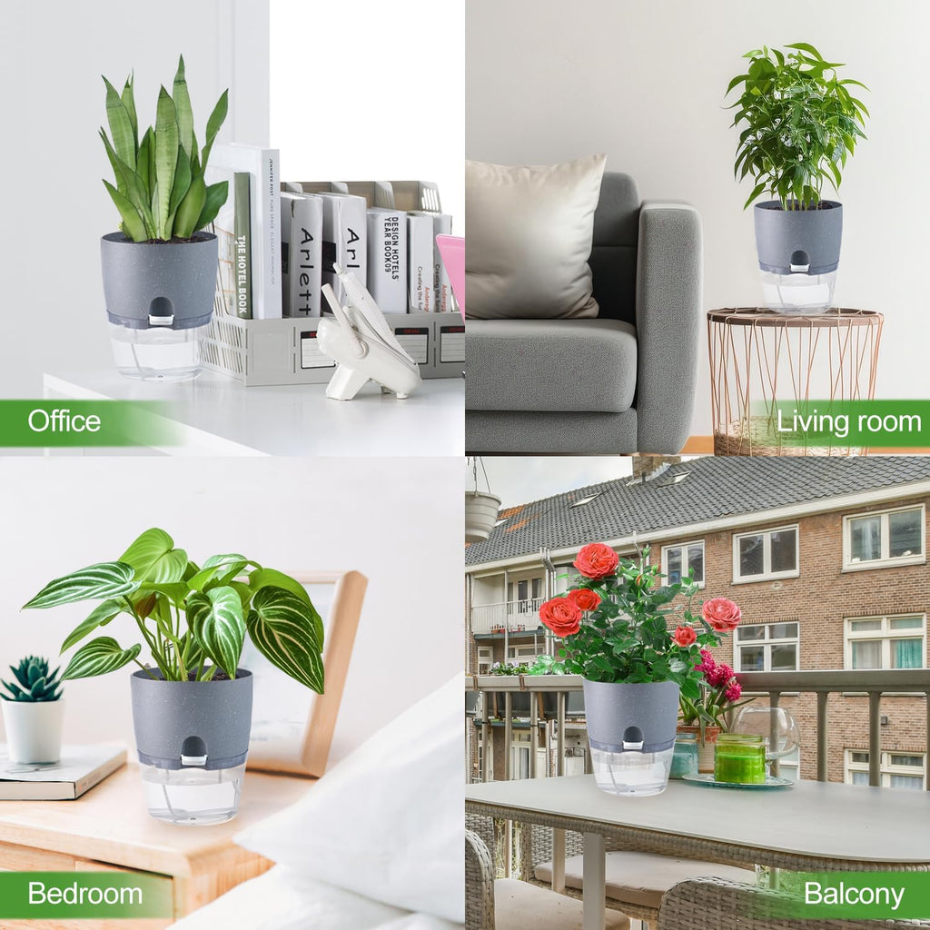 6" Self Watering Pots for Indoor Plants, 6pk Grey w/Drainage Saucers | w/ 1 Free Spray Bottle, Plastic Planters for