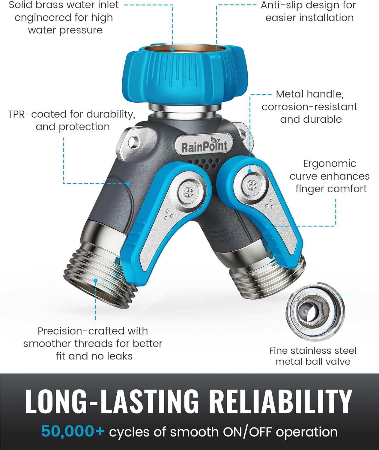 RAINPOINT Garden Hose Splitter 2 Way Heavy Duty,Water Hose Y Spigot Splitter with Shutoff Valves, 100% Metal Body