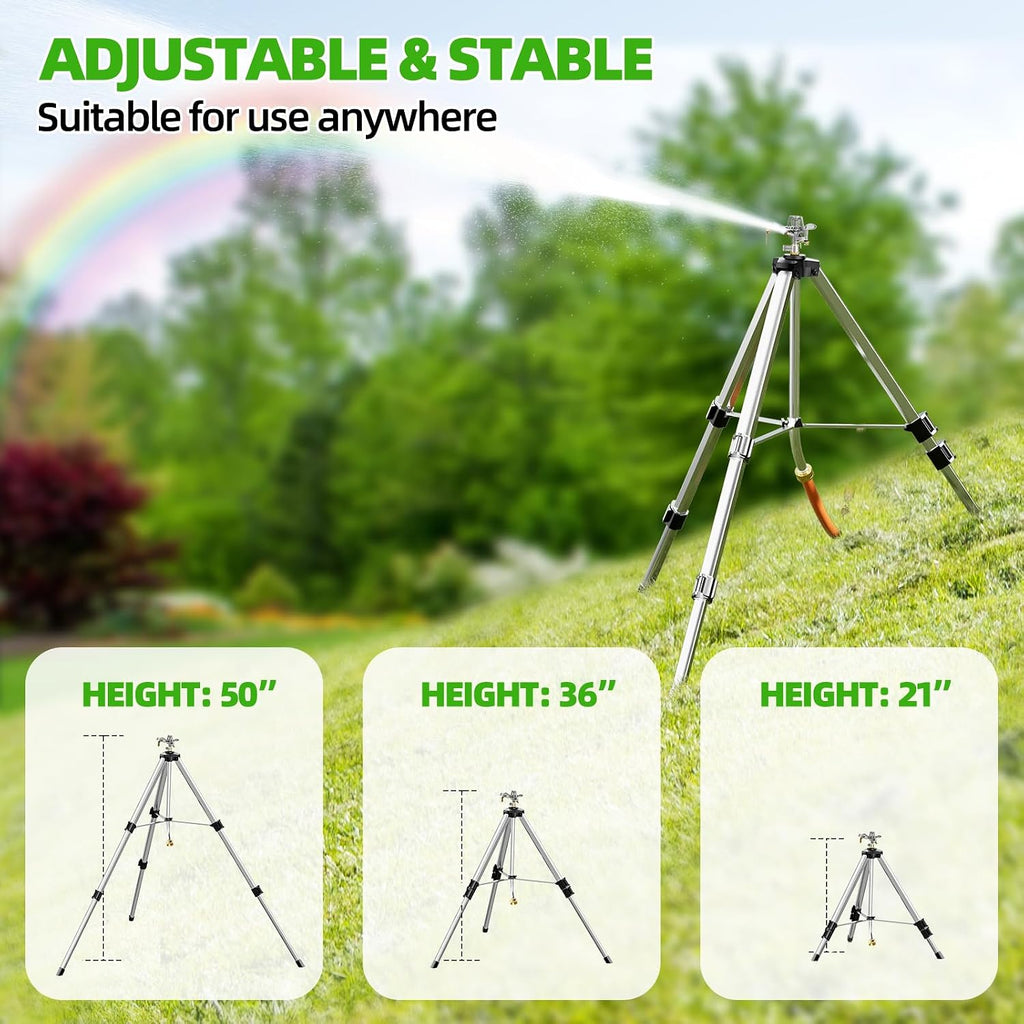SPECILITE Brass Impact Sprinkler on Tripod Base, Waters up to 90ft, 50 inch | Heavy Duty Metal, 360 Degree Irrigation