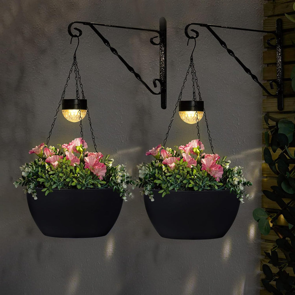 BAYN 2 Packs Solar Hanging Basket Planters for Plants Outdoor | Self Watering, Black Flower Pots with Solar Light