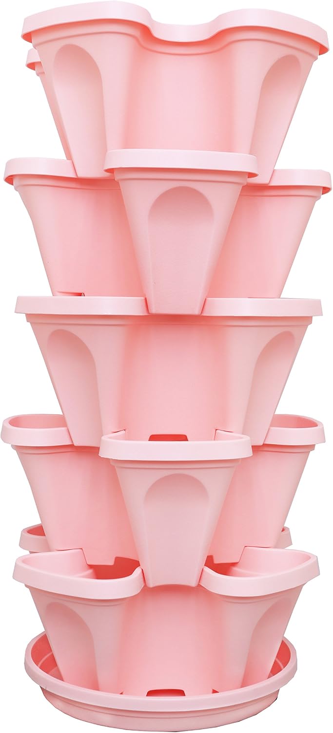 Mr. Stacky 5-Tier Pink Strawberry and Herb Garden Planter - Stackable Gardening Pots with 10 Inch Saucer