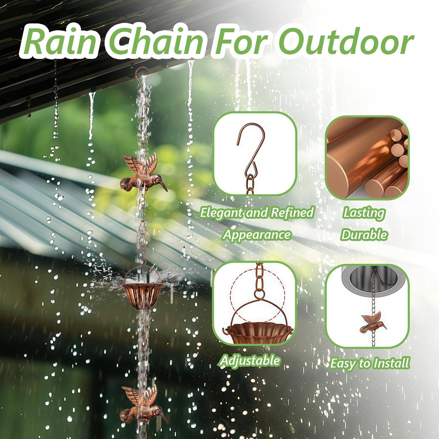 8.8ft Copper Rain Chains - Hummingbird Rain Chains for Gutters | Adjustable Decorative Steel Hanging Rain Hutter with 6