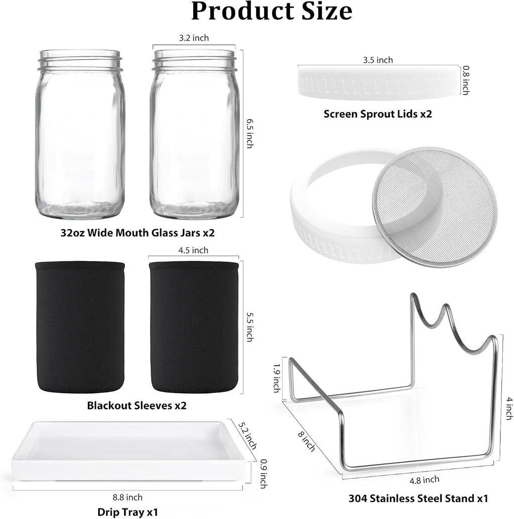 Organic Seed Sprouting Jar Kit – 2 × 32 oz Wide-Mouth Mason Jars with Stainless-Steel Sprouter Lids & Stand, Blackout