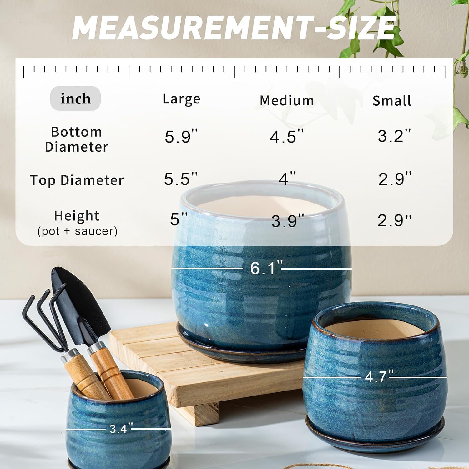 Ceramic Plant Pots with Drainage Holes and Saucers, Indoor Flower Pots for Plants Set of 3, 3.4+4.7+6.1 inch Cute