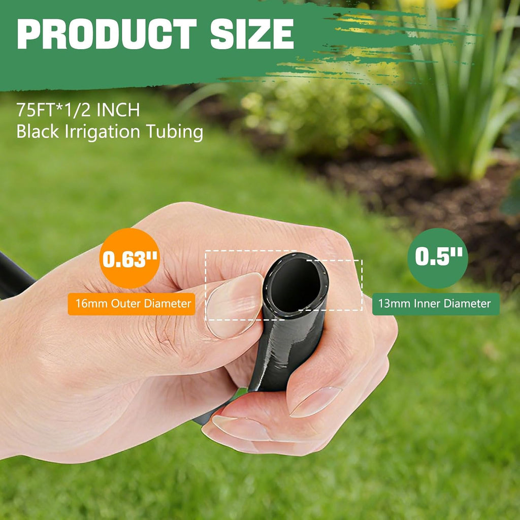 1/2 Inch Drip Irrigation Tubing 75FT Flexible Garden Water Hose Supply | Black Outdoor Hose with 2 Six-Way Connectors &