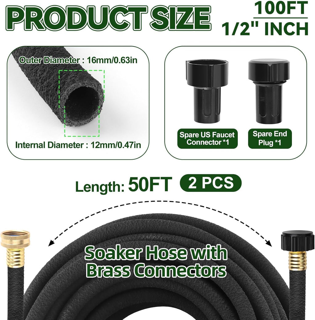 Kalolary 100FT Soaker Hose 1/2" Drip Hose for Garden 80% Water Saving Drip Hose with Brass Connectors Drip Irrigation