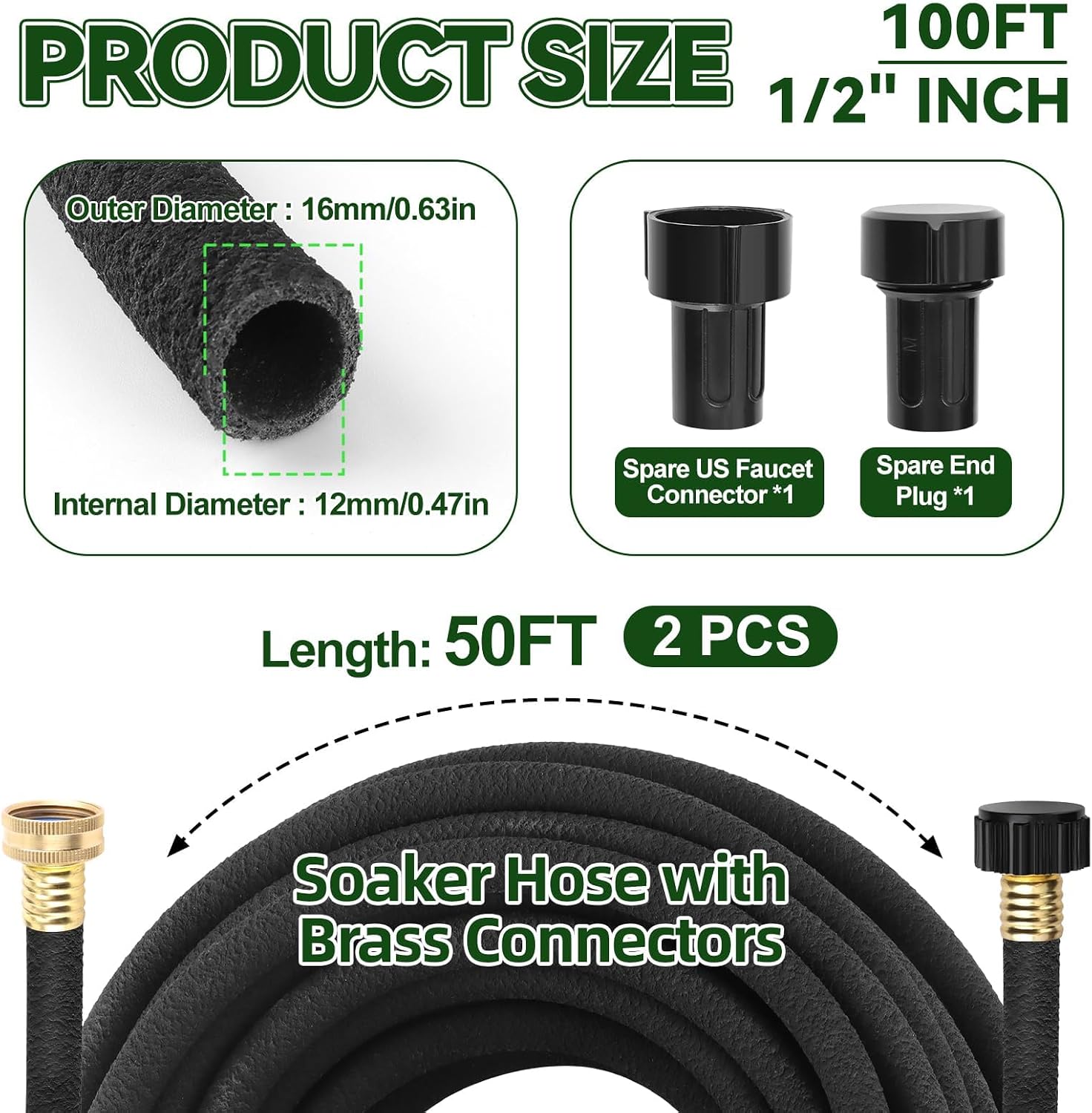 Kalolary 100FT Soaker Hose 1/2" Drip Hose for Garden 80% Water Saving Drip Hose with Brass Connectors Drip Irrigation