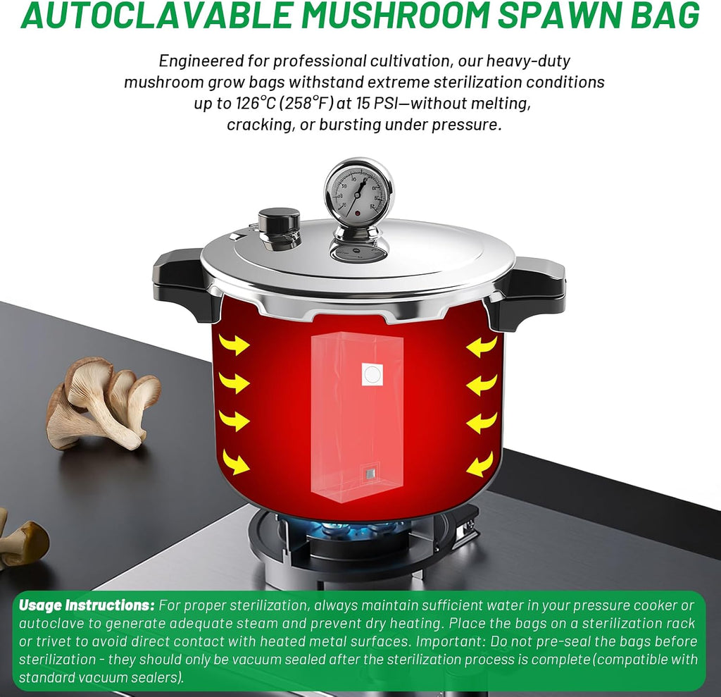 GREANER Mushroom Grow Bags 6 Mil, 8"x5"x20" Thick Autoclave Spawn Bags with Injection Port for Your Grain-25PCS