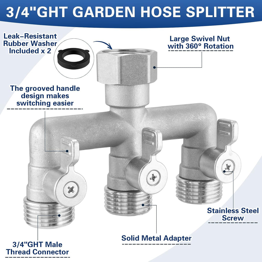 304 Stainless Steel 3 Way Garden Hose Splitter, Heavy Duty Hose Bib Splitter with 3 Shut Off Valves, High Flow Outdoor