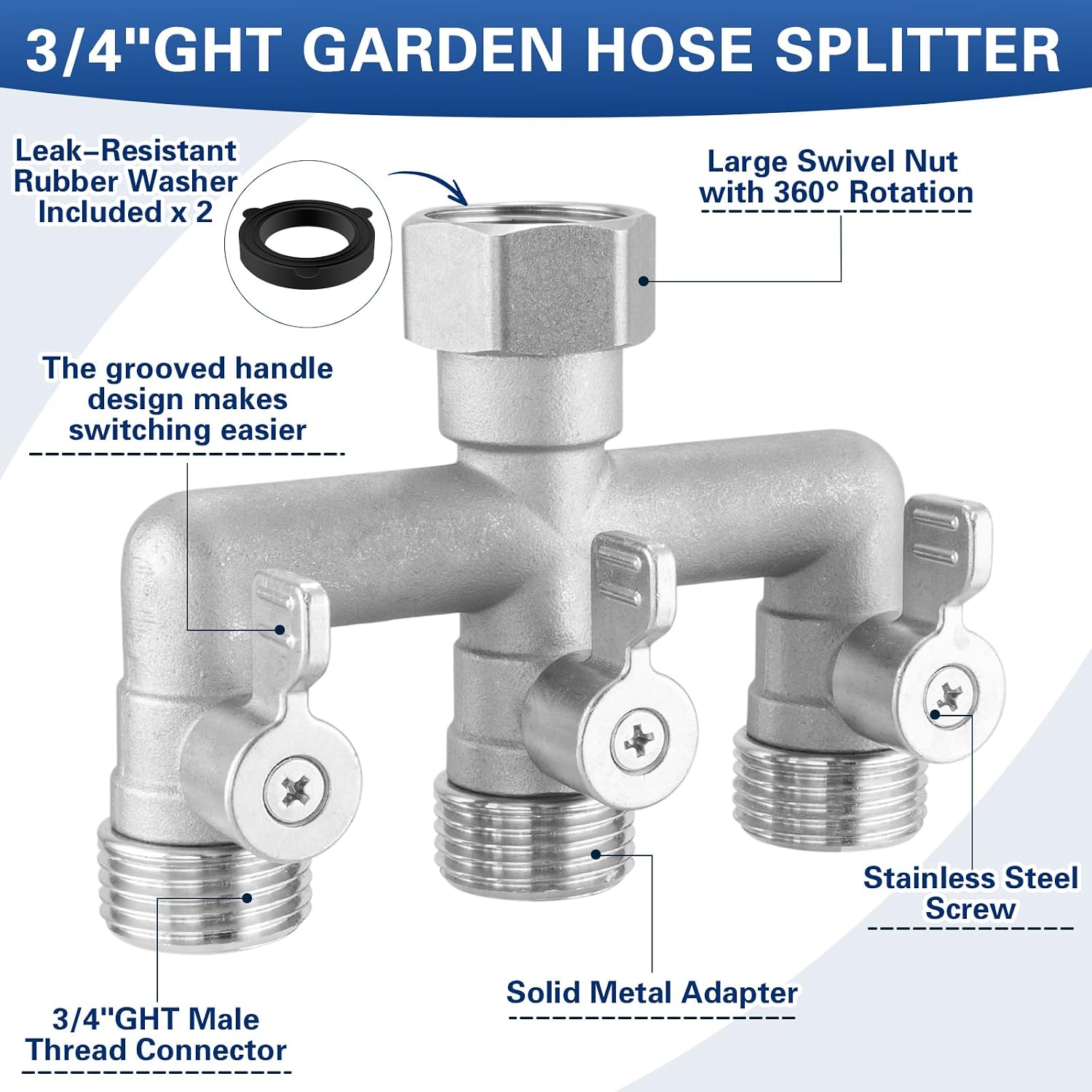 304 Stainless Steel 3 Way Garden Hose Splitter, Heavy Duty Hose Bib Splitter with 3 Shut Off Valves, High Flow Outdoor