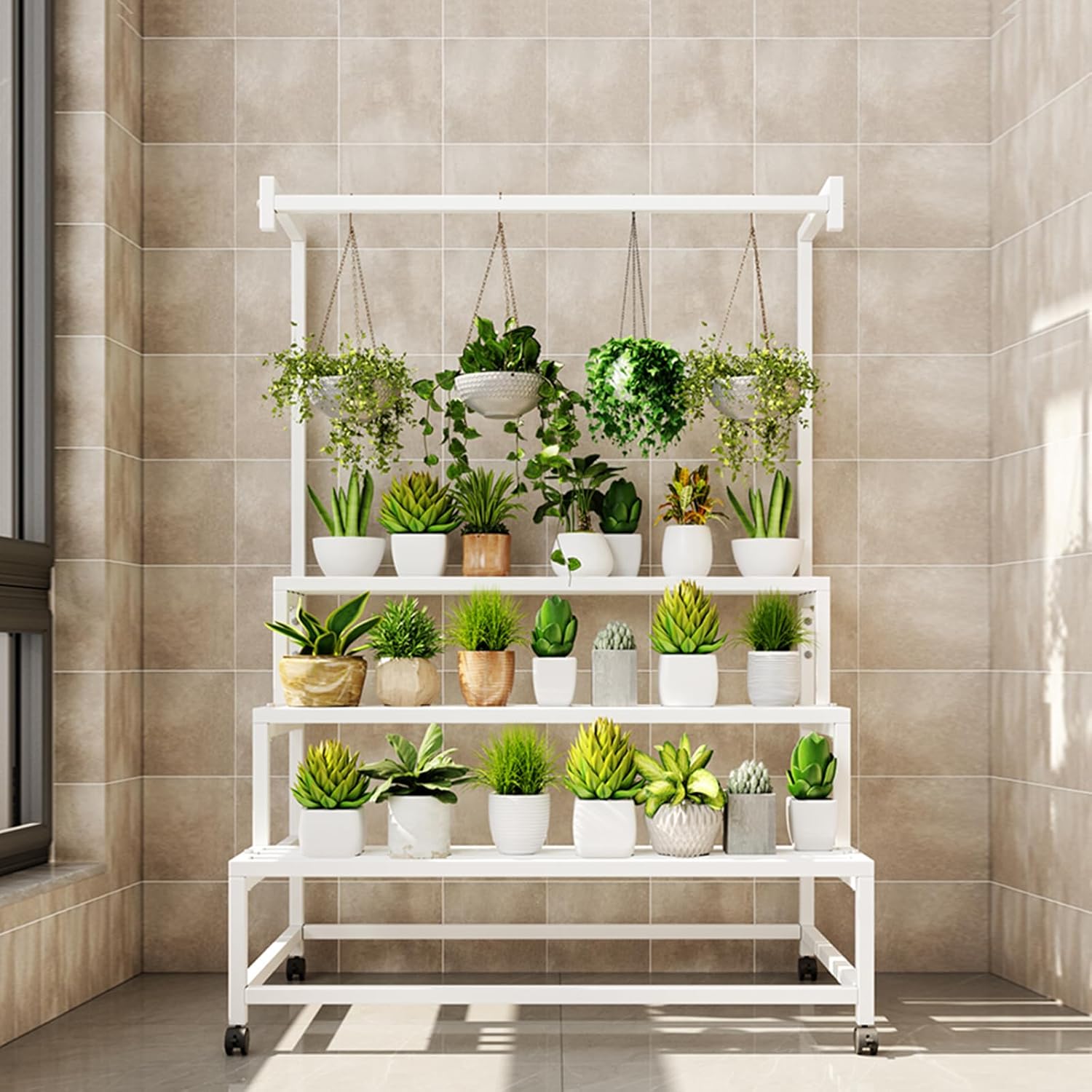 4 Tier with Hanging Tall Plant pot shelf, with Rollers (BLACK, 39IN) | L39*W24.4*H67in Large Metal Plant Stand, Heavy