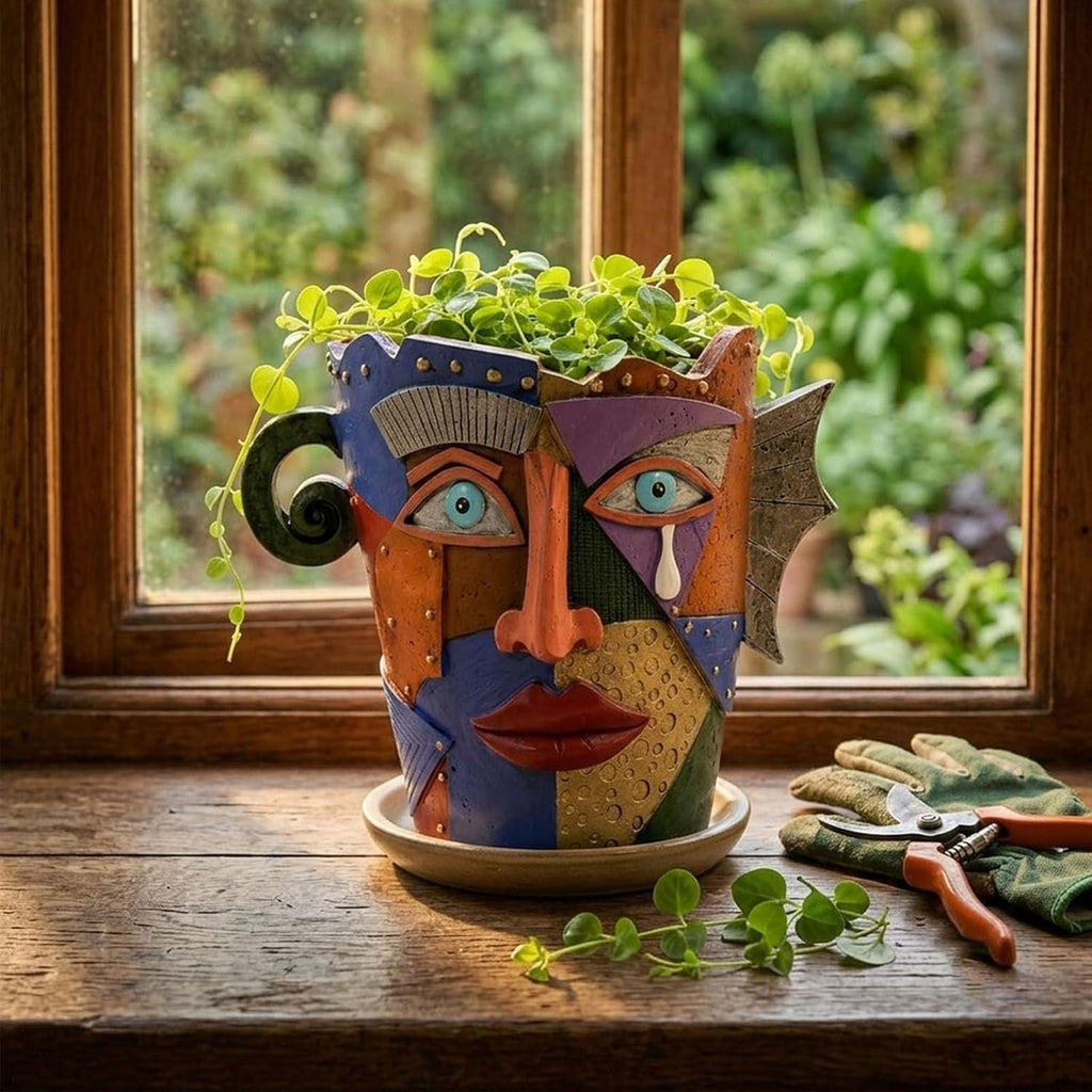 Large Picasso Abstract Face Planter Pot, Colorful Resin, Indoor Outdoor | Head Planter, 10.24 Inch, Drainage Hole, Fits