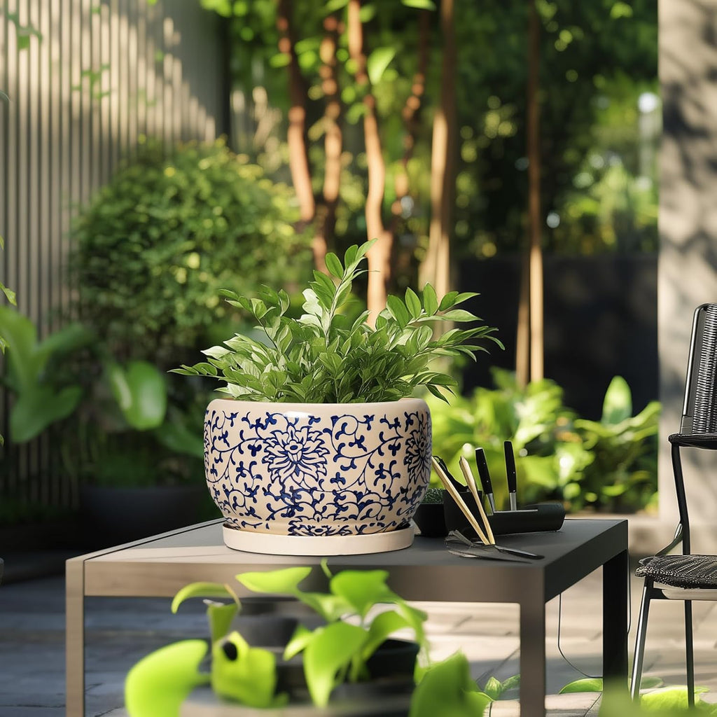 SQOWL 10 Inch Plant Pot Indoor - Ceramic Planter with Drainage Hole and Tray, Large Ceramic Flower Pots Outdoor
