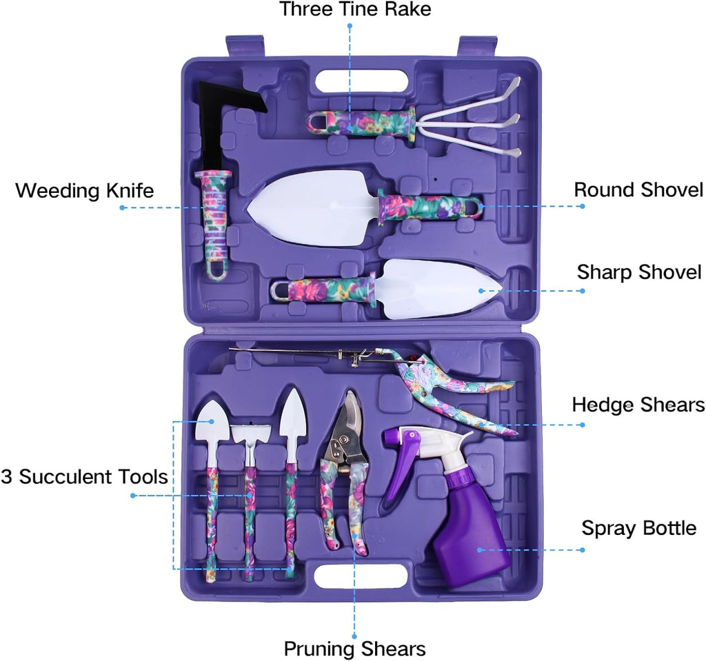 Garden Tools Set, JUMPHIGH 10 Pieces Gardening Tools with Floral Print, Ergonomic Handle Trowel Rake Weeder Pruner